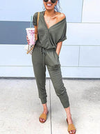 Stunncal V Neck Short Sleeve Tie Waist Solid Jumpsuit
