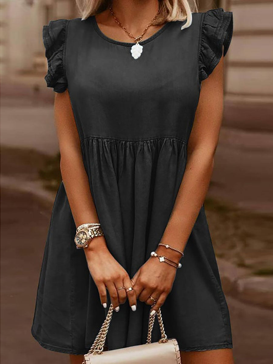 Stunncal Casual Denim Ruffle O Neck Dress