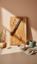 Wooden serving board with bread knife