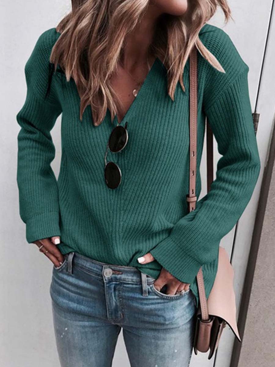 Stunncal Fashion V-Neck Knit Top （6 Colors）