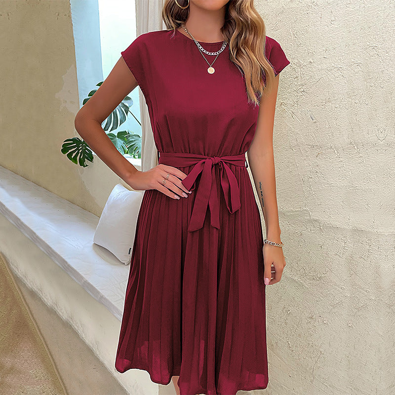 Stunncal Solid Color Lace-Up Pleated Dress