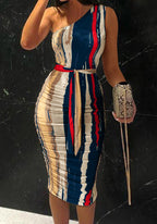 Stunncal Abstract Print One Shoulder Ruched Bodycon Dress