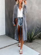 Stunncal Long Sleeve Knee Length Lapel Striped Shirt