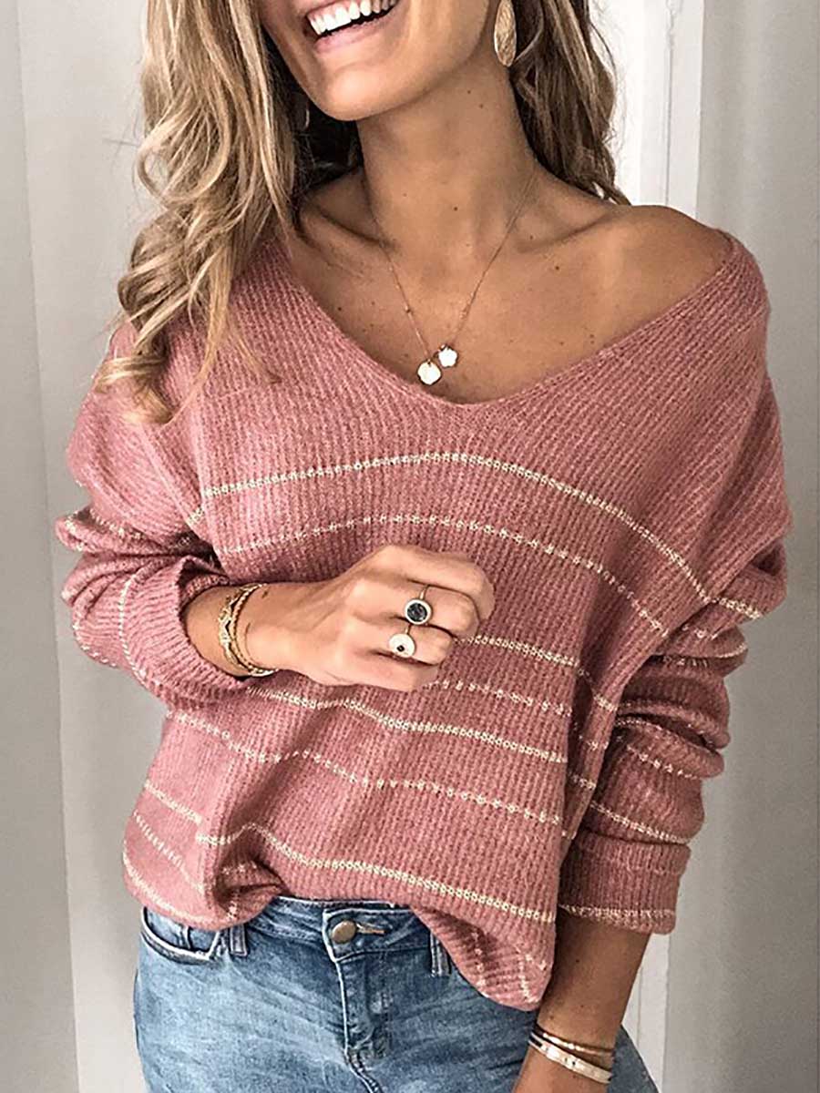 Stunncal Solid Color Knit Sweater Casual Striped V-Neck Top