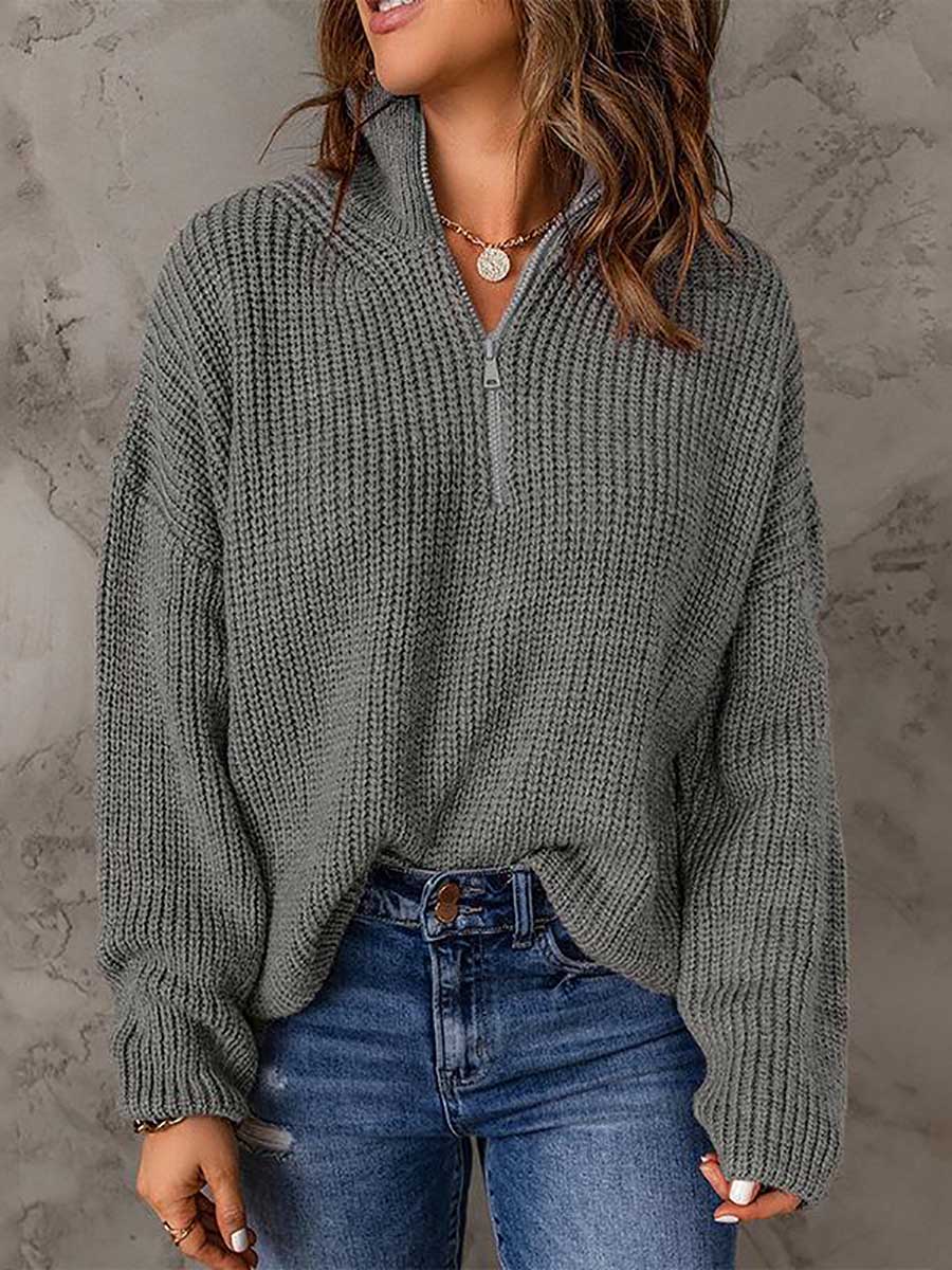 Stunncal High Neck Zipper Loose Sweater