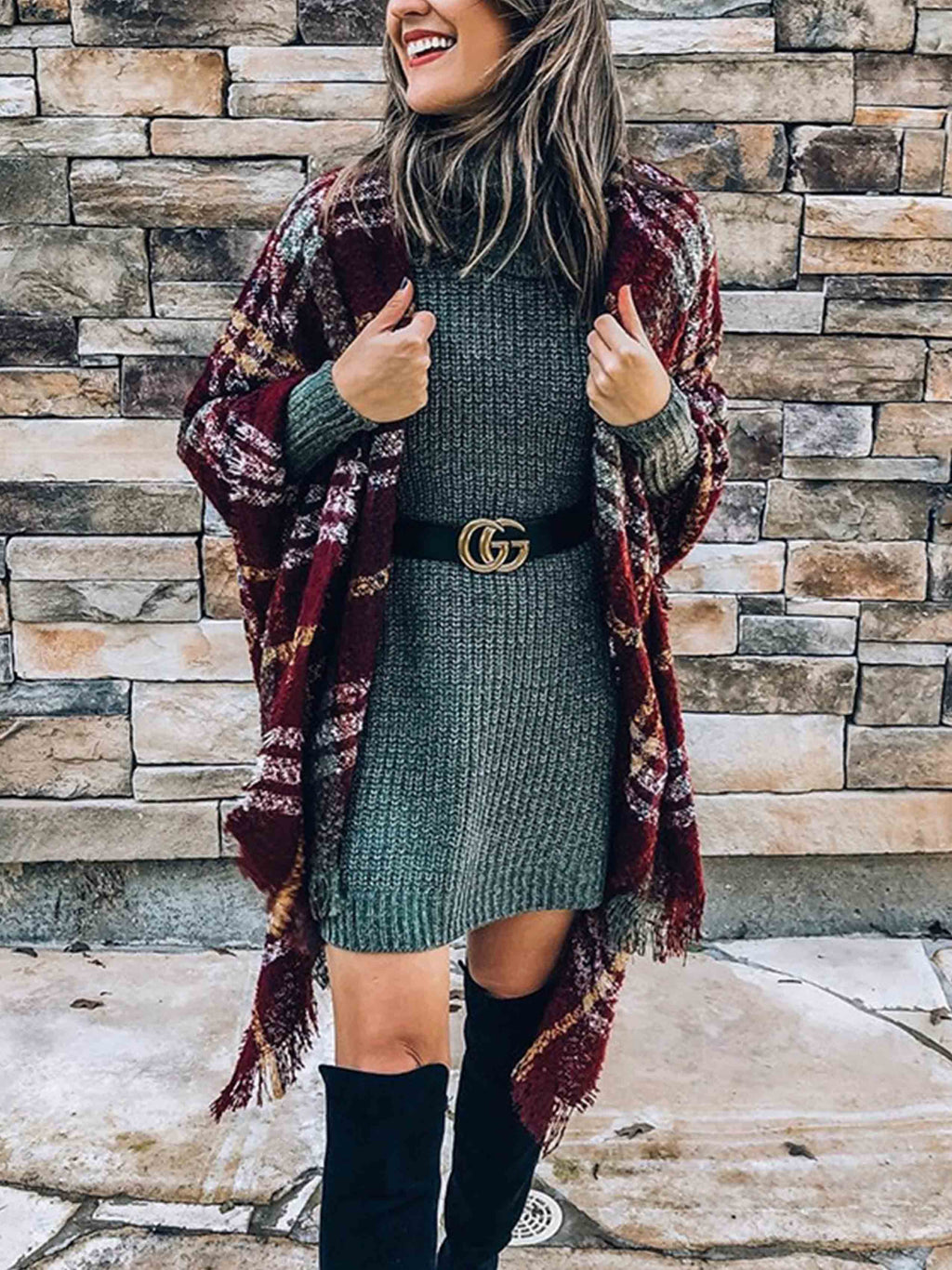 Stunncal Plaid Fringed Knit Shawl Coat